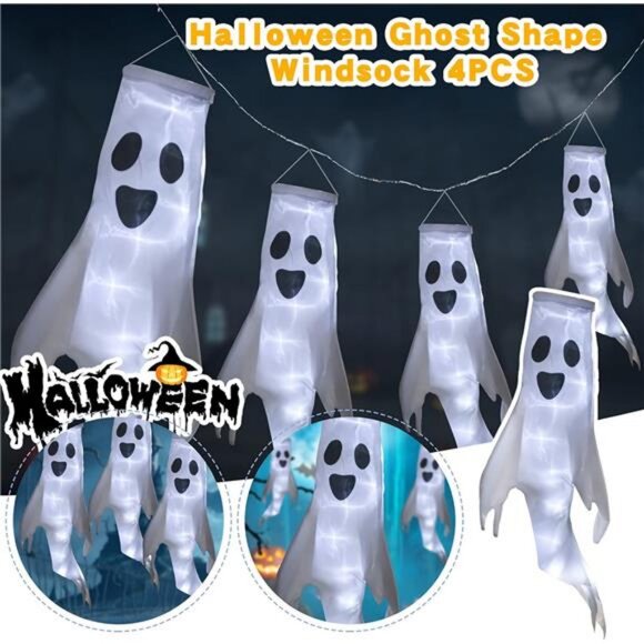 Halloween 4 Ghost Windsocks with Remote Control LED String...